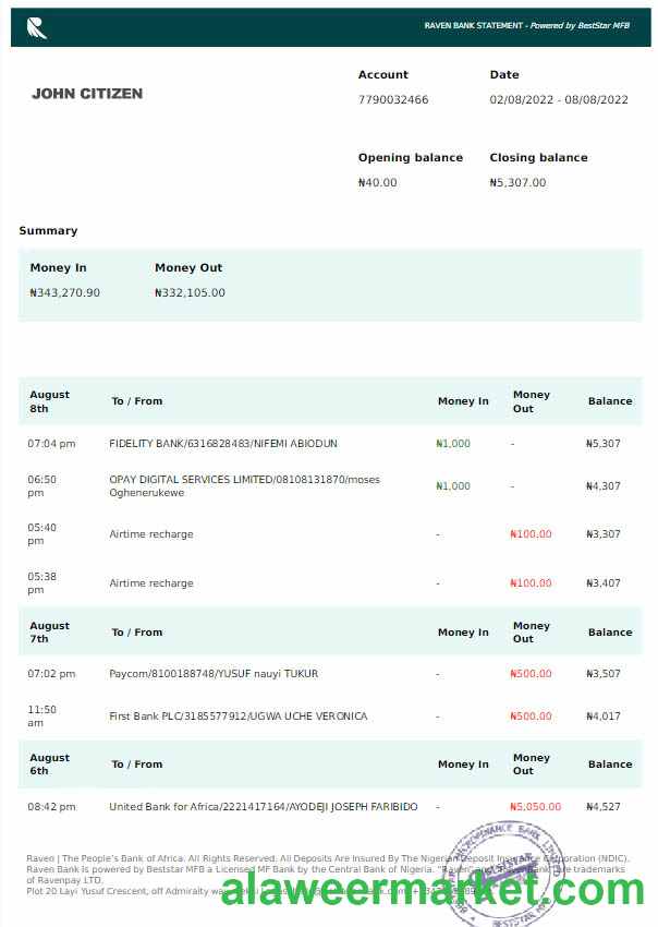 Nigeria Raven Bank statement Word and PDF template scr